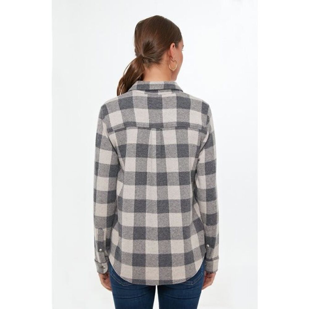 Faherty Women’s Tan Charcoal Buffalo Check Legend Sweater Shirt Size Medium - Picture 3 of 9